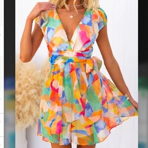 NWOT Margovil Vibrant Multicolor Wrap Mini Dress